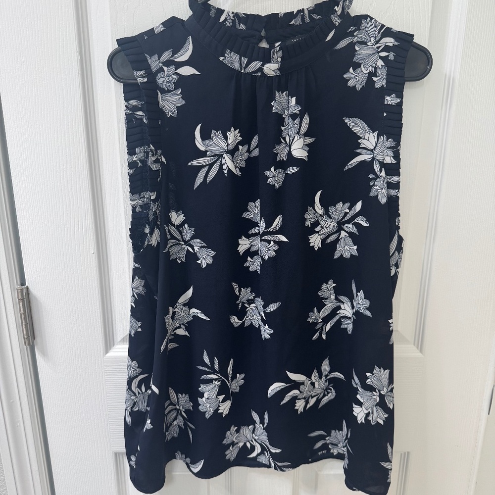 Ann Taylor Navy Floral Ruffle Neck Sleeveless Blouse – Size L